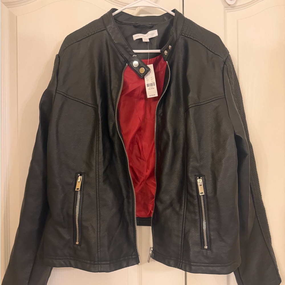 New York & Company Black faux Leather motorcycle Jacket with Red Interior